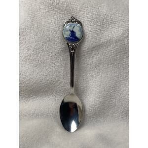 Vintage Delft Style Windmill Spoon Brooch Pin Silver Tone Souvenir